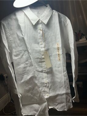 Women White Pinstripe Button-Up Shirt 100% linen new